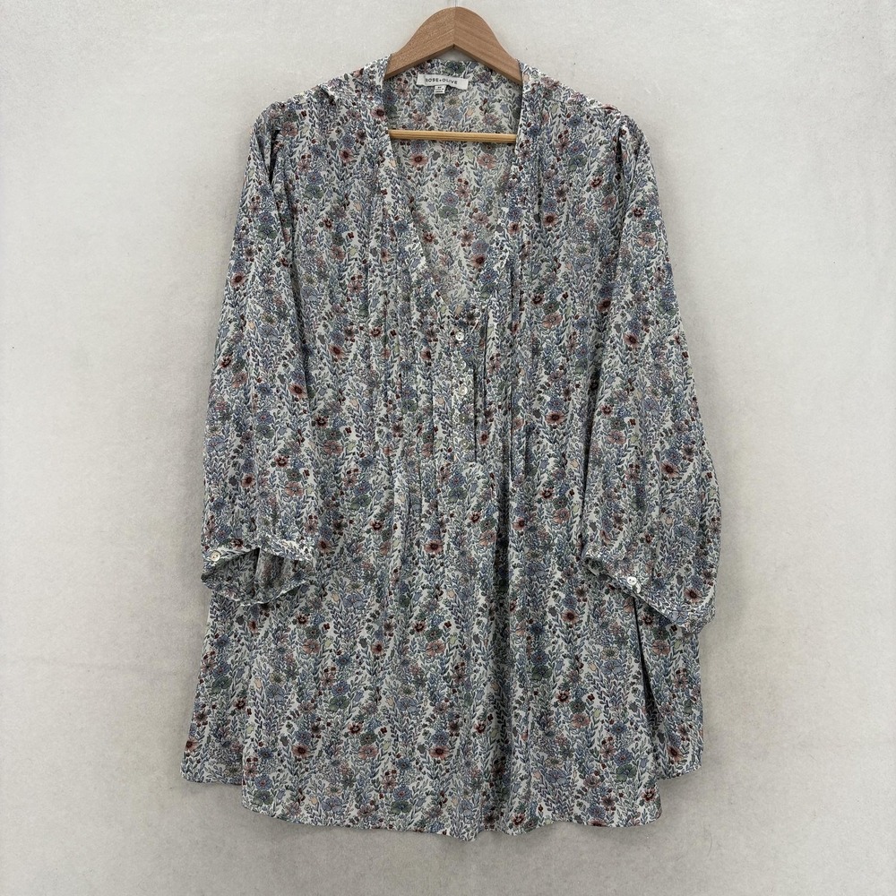 Rose + Olive Blouse Womens 3X Plus Multicolor Floral V Neck 3/4 Balloon Tunic